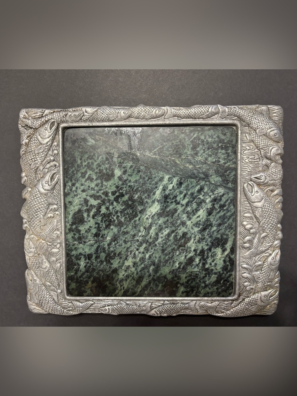 Arthur Court Decorative Green Marble Cutting Cheese Board with Silver Fish Frame